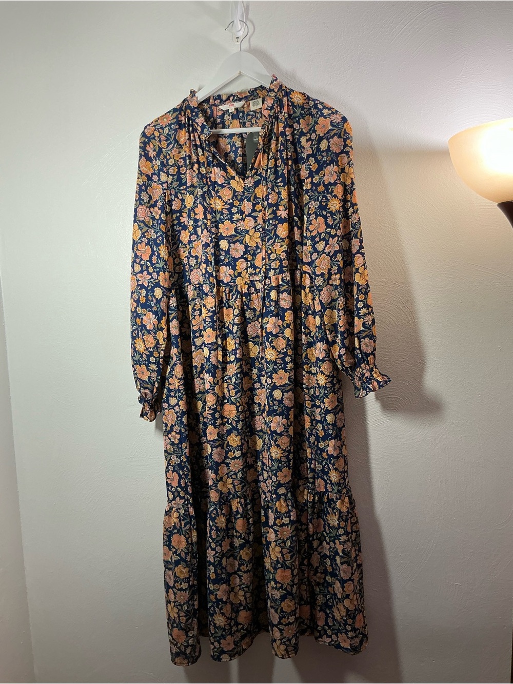 Levi's Navy Floral Tiered Long Sleeve Midi-Maxi Dress Size Medium Measurements